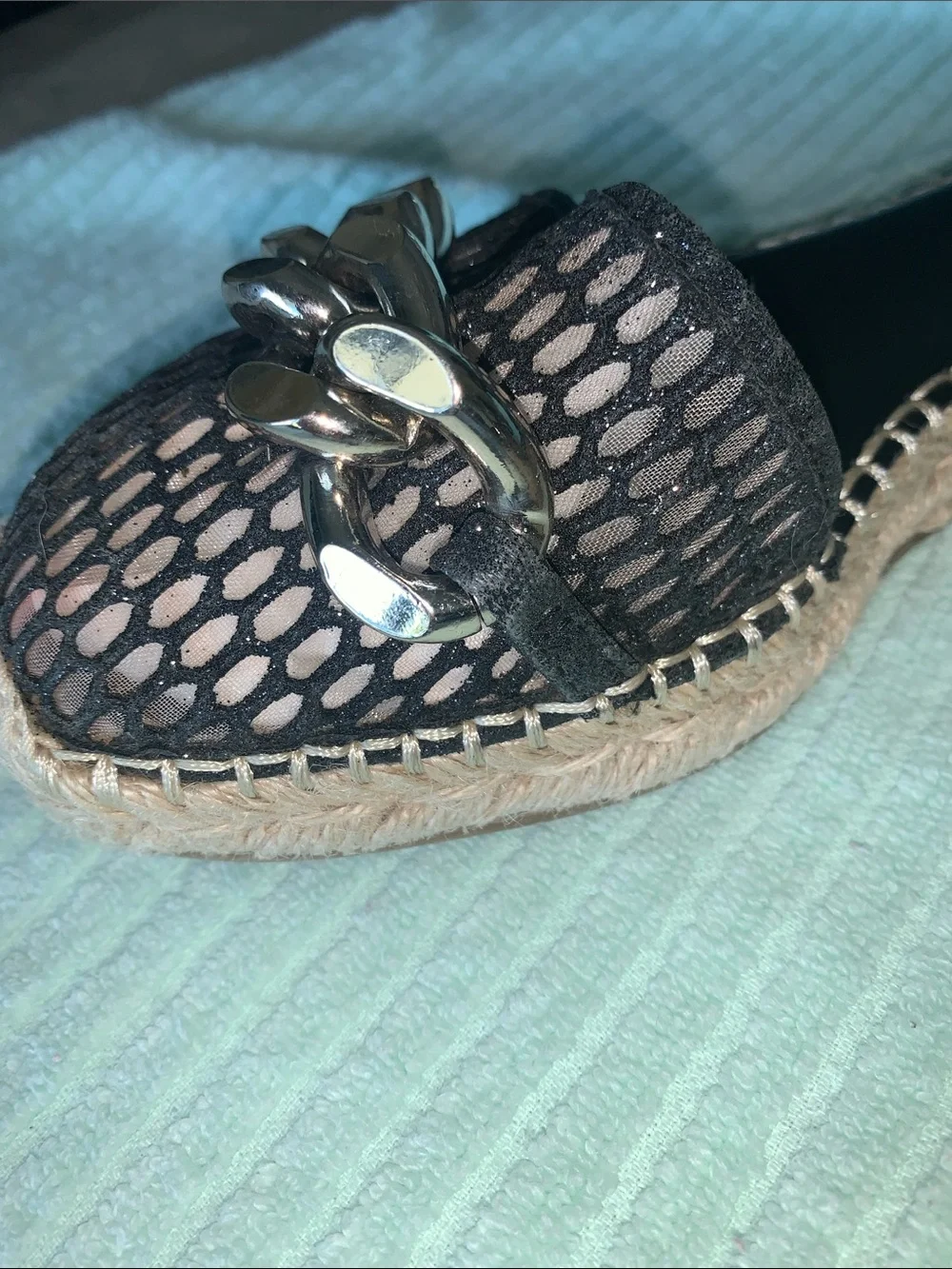 INC International Concepts Black Mesh Chain Espadrille Wedge Sandals